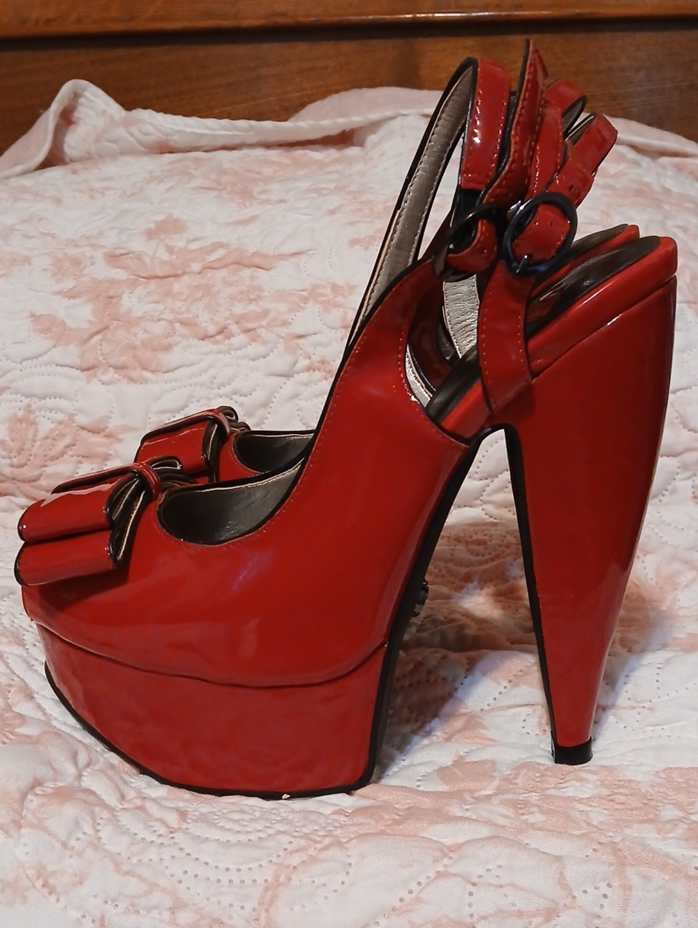 tuk Lip Stick Red Patent Platform Slingback Heels with Bow Detail